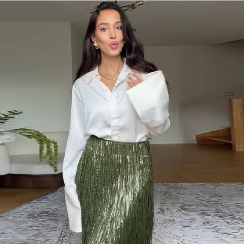 Women's Young Versatile Sparkling Tassel Skirt Fashion Design Casual Evening Party Gown 2025 New Elegant Straight Tube Vistidos