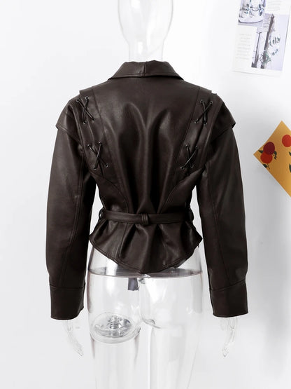 Vintage Leather CroppedJacket for Women With Belt V Neck Button Long Sleeve Motorcycle Coffee Coat 2025 Autumn Ladies Outerwear