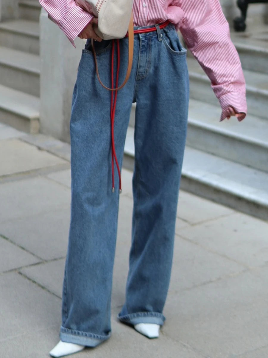 Bornladies Women's New 2025 Autumn Trendy Wide Leg Jeans Loose Straight Leg Floor  Length Retro Cotton Jeans
