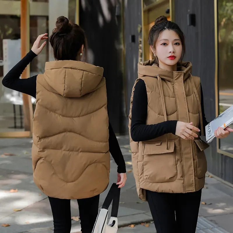 Women Hooded Vest autumn Winter new Fashion Padded Down Cotton Waistcoat thick Warm sleeveless jacket Female Loose Outwear T580