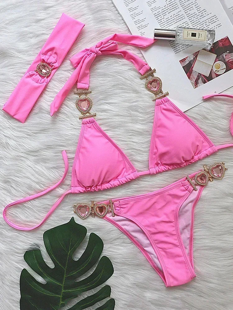 Halter Crystal Rhinestone Diamond Bikini 2025 Female Swimsuit Women Swimwear Two Pieces Bikini set Brazilian Bathing Suit Swim