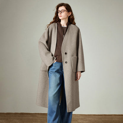TOYOUTH Women Woolen Coat 2025 Winter New V Neck Mid Length Retro Female Overcoat Jacket Camel Black Gray