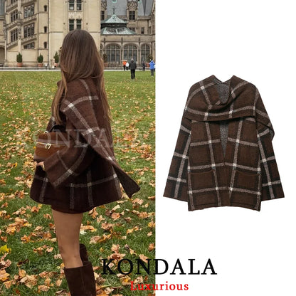 KONDALA Vintage Plaid Knit Scarf Jackets Women Open Stitch Scarf Pockets Loose Coats Fashion 2025 Autumn Winter Casual Outwears
