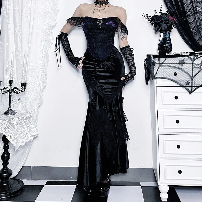 Mall Goth Velvet Fishtail Skirt Women Vintage Jacquard Hip Wrap Fairy Grunge Skirt Victorian Ladies Steampunk Long Skirt