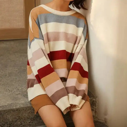 Multicolor Striped Crewneck Sweater Knit Pullovers Women Relaxed Fit Cozy Jumper Fall Winter Knitwear