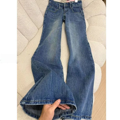 2025 Female Chic Low Waist Flare Jeans Women Retro Blue Slim Fit Bell Bottom Pants Lady Korean Fashion Denim Trousers