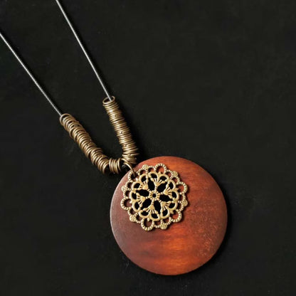 Retro Ethnic Round Wooden Leaf Owl Long Sweater Chain Necklace Women Vintage Clock Pendant Female Jewelry Neck Accessories Gifts