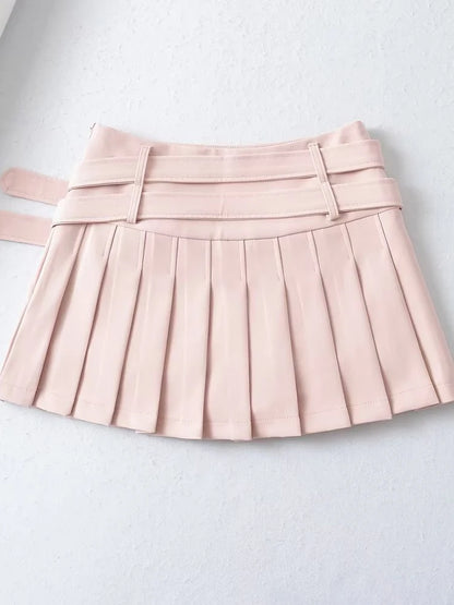 Women Summer New Fashion Hot Sweet Slim Pleated Super Short Skirt Cute Chic Heart Belt Mini Skort Streetwear Shorts Skirts