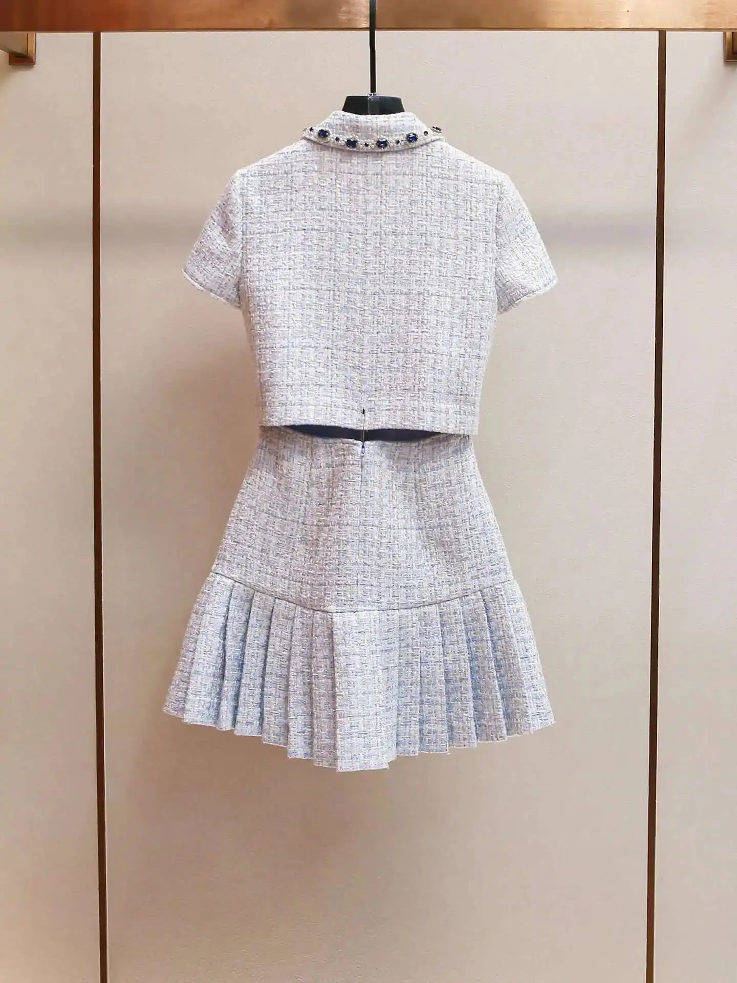 Summer Autumn Crystal Tweed Short Dress Shirt Women Sleeveless Beaded Diamonds Single Breasted Evening Party Dresses Lady
