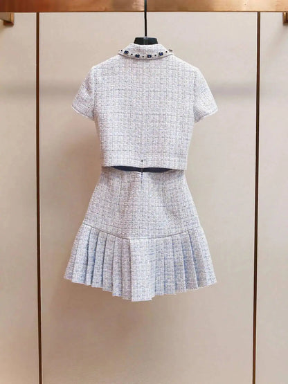 Summer Autumn Crystal Tweed Short Dress Shirt Women Sleeveless Beaded Diamonds Single Breasted Evening Party Dresses Lady