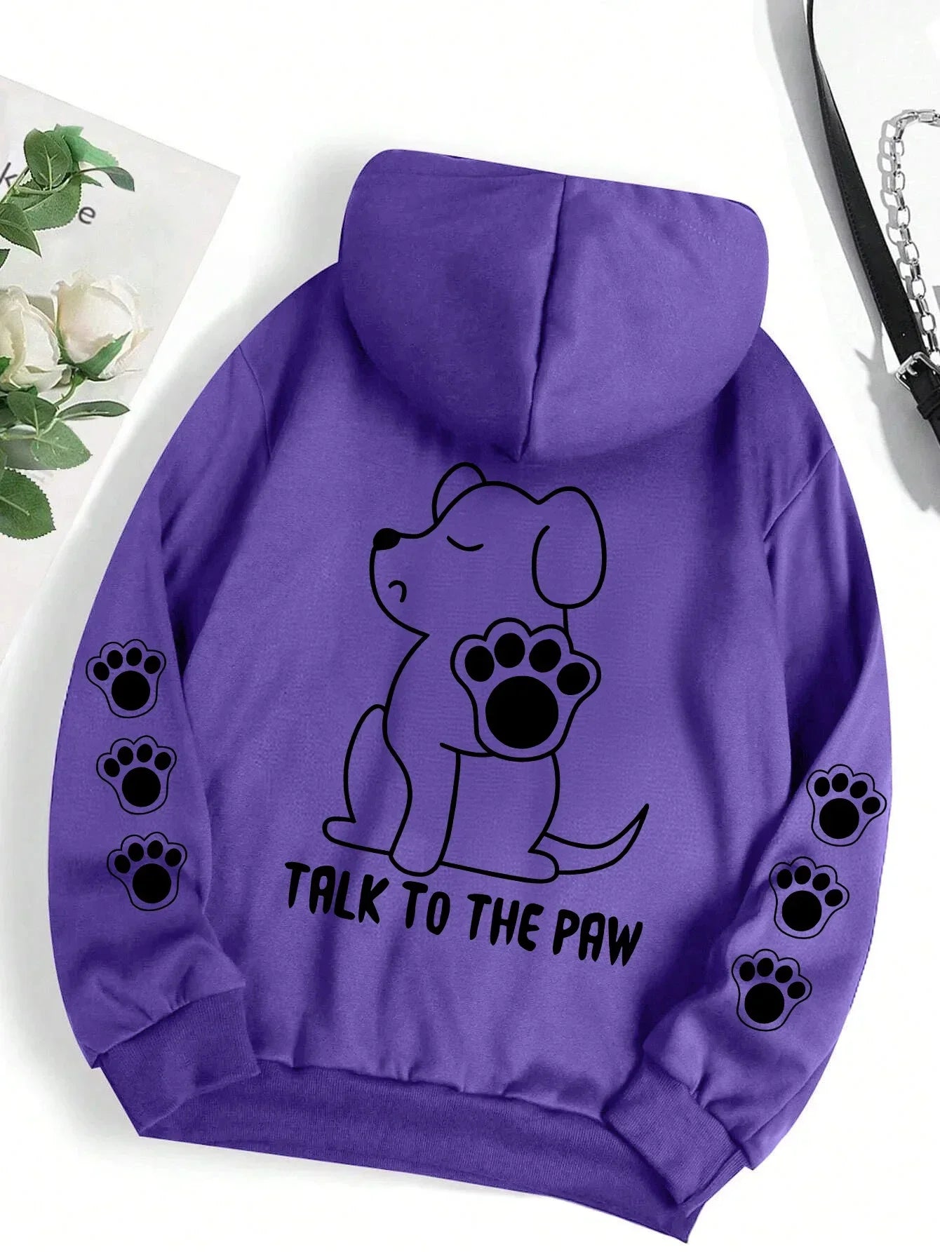 Talk To The Paw Funny Dog Cartoon Print Hoodie Women Warm Fleece Hoody Fashion Casual Hooded Autumn Loose Round Neck Woman Tops
