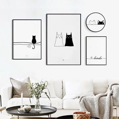 Cats Love Line Canvas Painting Minimalist Decorative Art Print Poster Nordic Black White Wall Picture Decor Nursery Kids Room