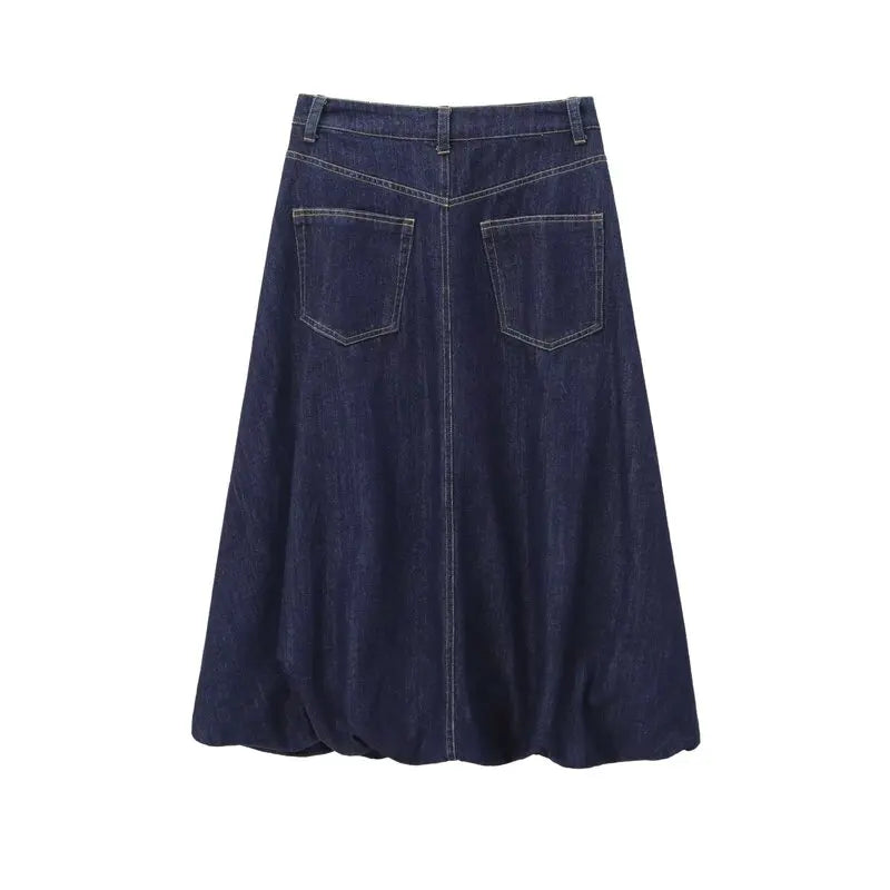 Women's Mid-Waist Cotton Denim Casual Skirt Autumn Winter New Arrival Balloon Sle  Midi Skirts Versatile Faionable