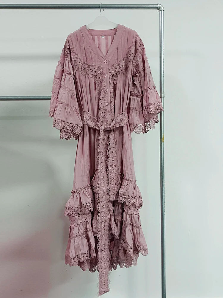 CHICEVER Vintage Solid Dresses For Women V Neck Half Sleeve High Waist Spliced Lace Up Folds Loose Hollow Out Midi Dress Female
