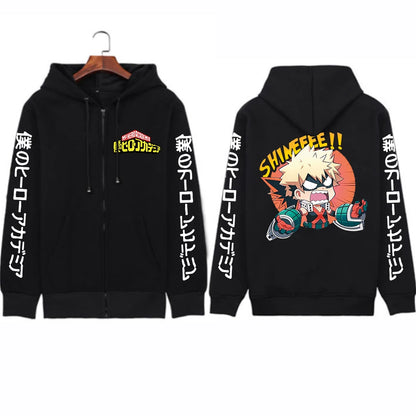Japan Anime My Hero Academia Unisex Black Long Sleeve Zipper Hoodies Funny Katsuki Bakugou Cartoon Casual Men Winter Coats