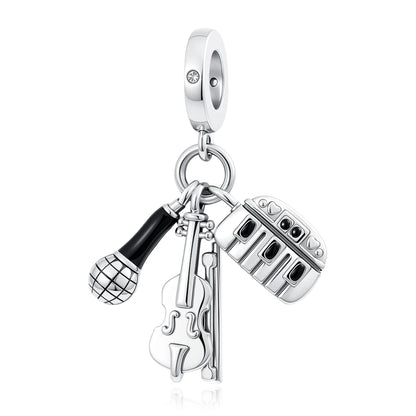 Guitar Microphone Music 925 Sterling Silver Charm Pendant Suitable Fit Original Bracelet Necklace keychain Jewelry Accessories