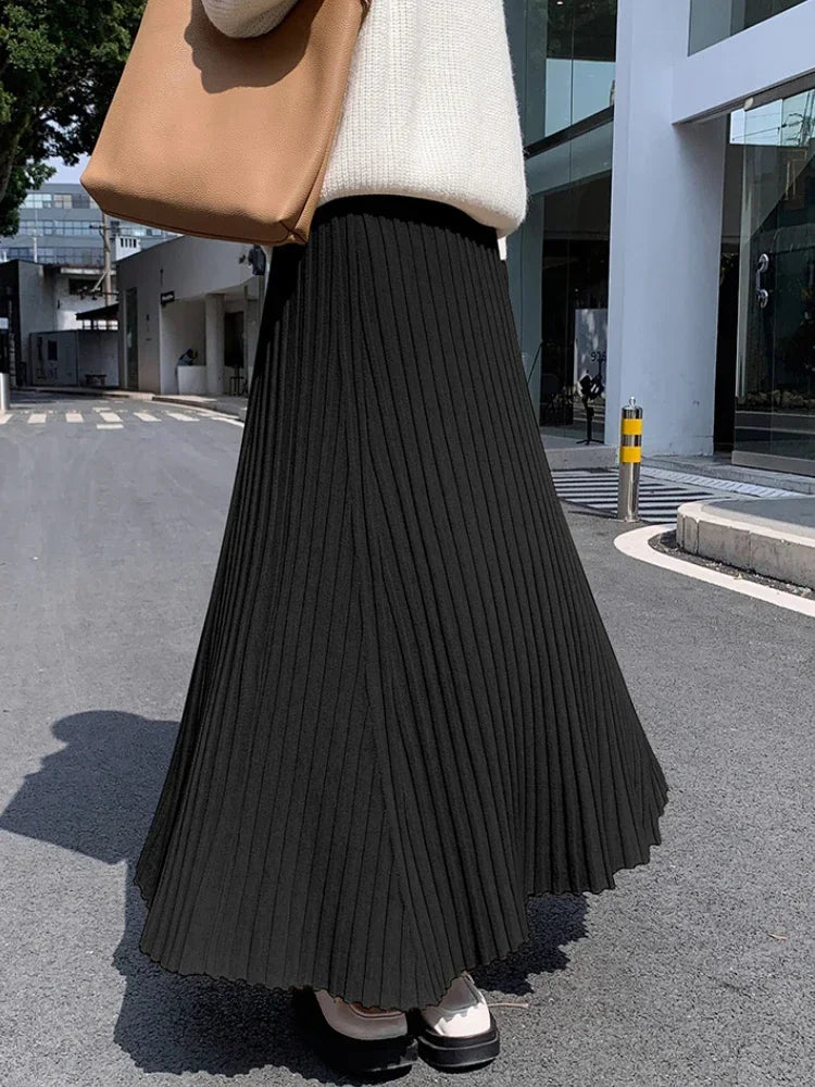 Autumn Winter Women's Long Skirt High Waist Knitted A-line Pleated Skirt Ladies Elegant Solid Gray Loose Casual Skirts for Women