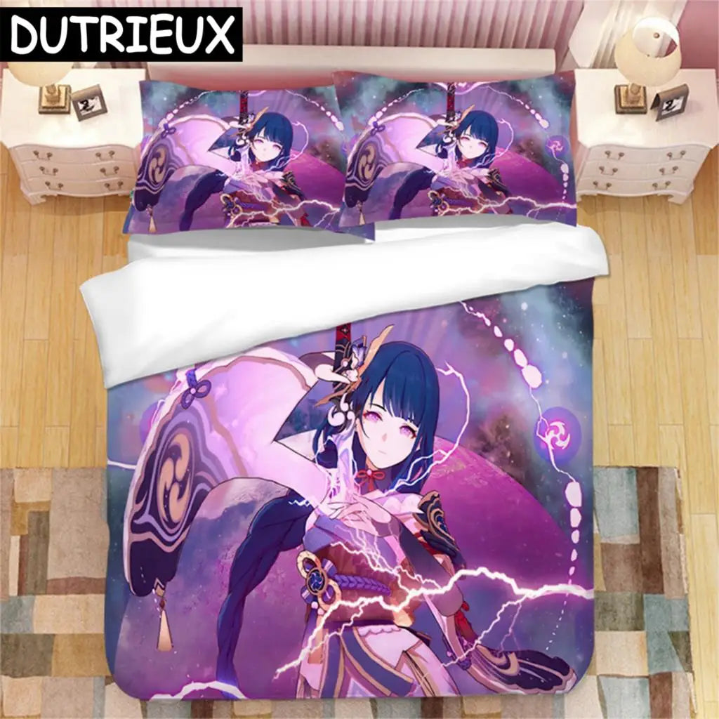 Genshin Impact Raiden Shogun 3D Printed Bedding Set Duvet Covers Pillowcases Comforter Bedding Set Bedclothes Duvet Cover