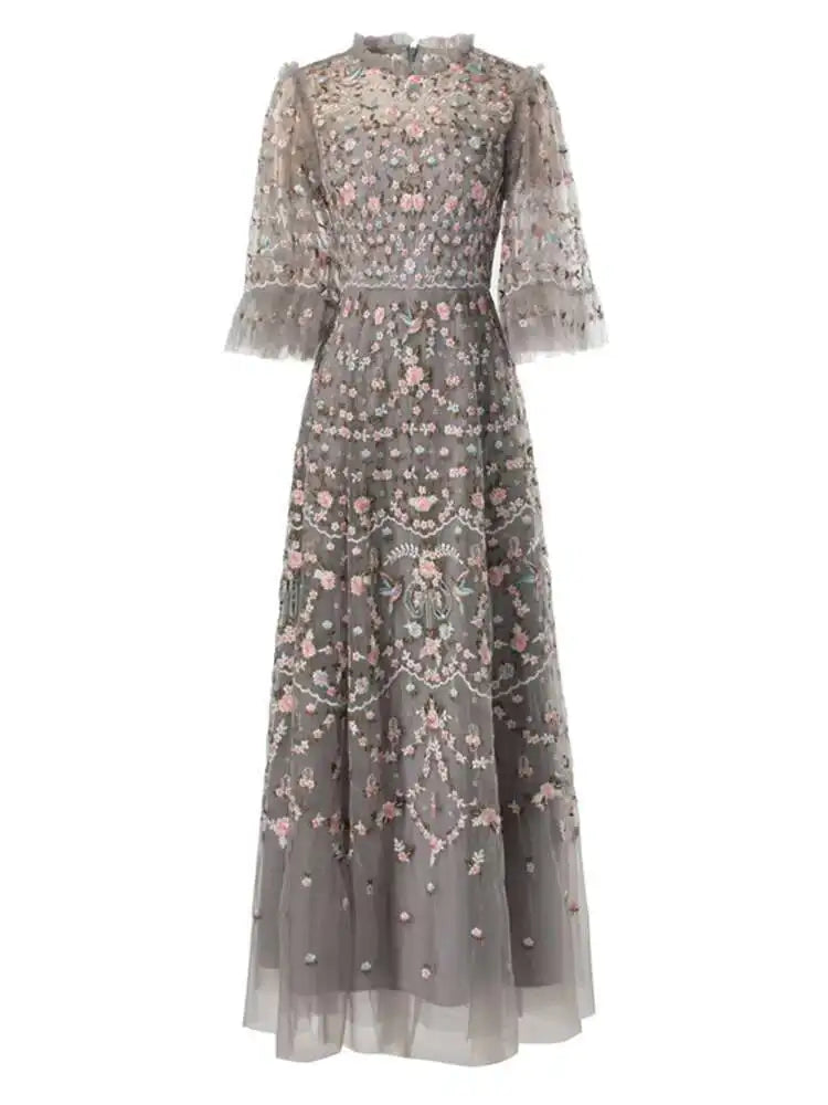 IEQJ Printing Embroidered Fales Design Dresses For Women Round Neck Short Sleeve High Waist Elegant Dress Autumn 2025 3WM1391