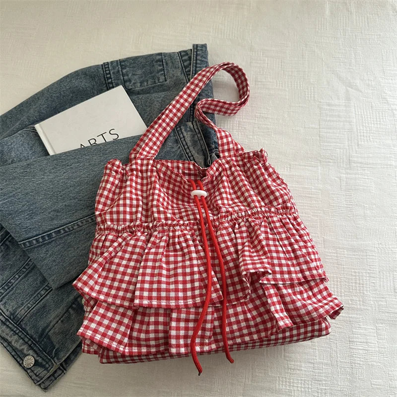 Women's Tote Bag Ruffles Plaid Drawstring Handbag Women Fashion Canvas Shoulder Bags	Large Capacity Korean Bags Bolsos De Mujer