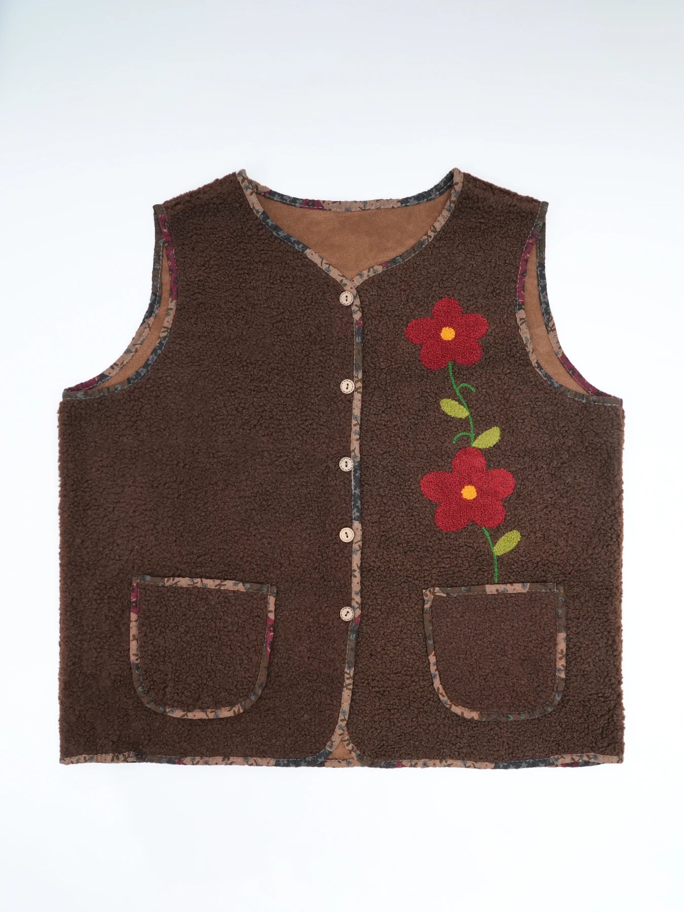 Autumn And Winter Warm Vest One Size Embroidered Flower Suede Lamb Vest Coat With Pockets For Women Sleeveless Loose Jacket