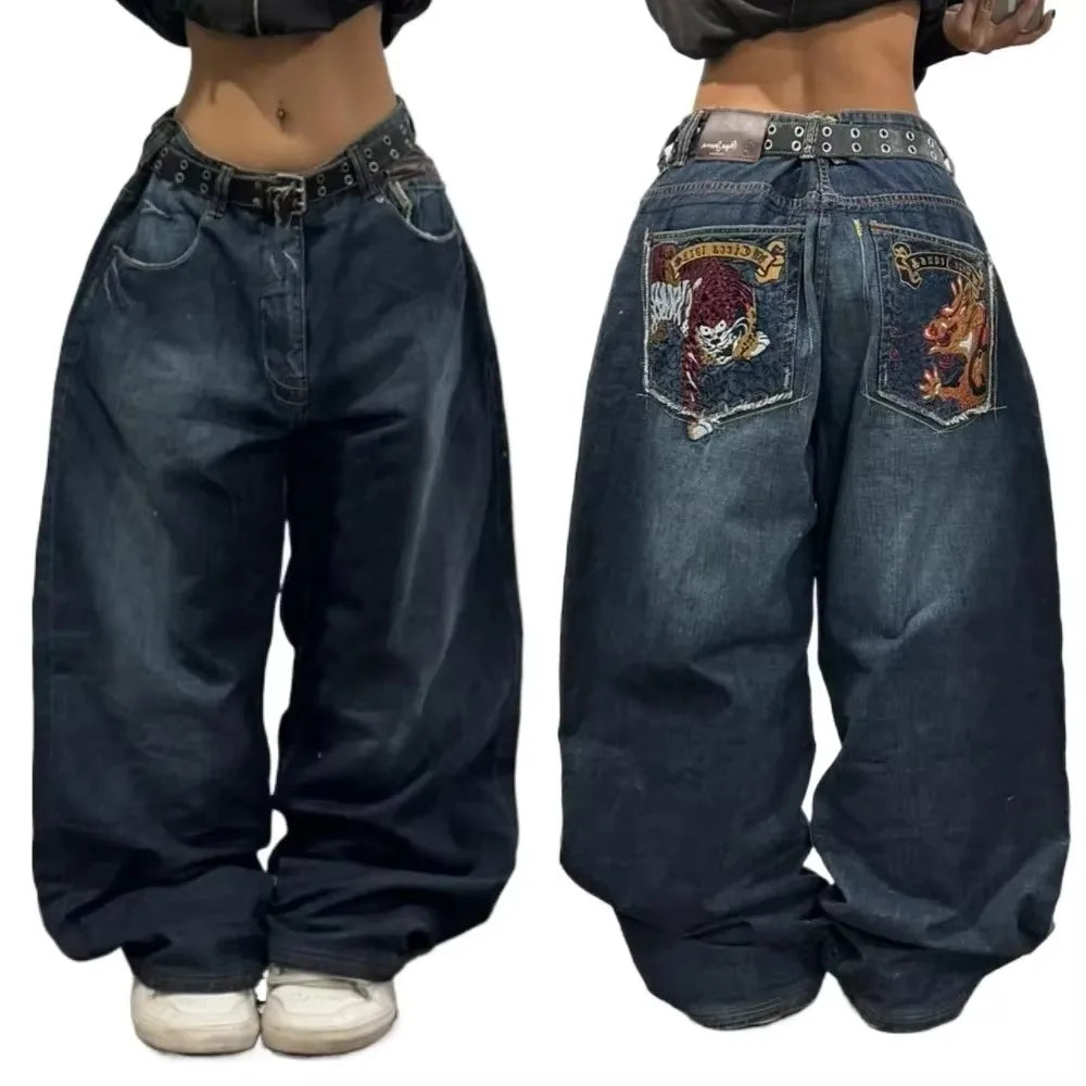 Y2K Gothic Retro Miss Me Boot Cut Jeans Women's Blue Denim Embroidery Cross Pocket Hip Hop Harajuku Wide Pants Street Wear