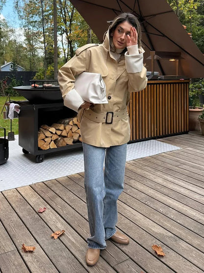 Women Casual Stand Collar Belted Trench Coat Chic Contrast Cuff Single Breasted Loose Windbreaker 2026 Lady Commute Street Coats