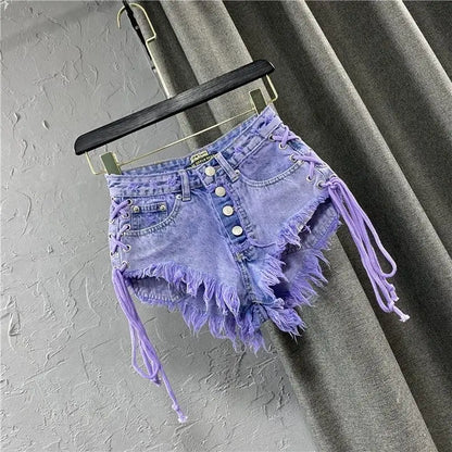 Women's Autumn New Purple Fashionable Sexy Low Rise Single breasted A-line Denim Shorts with Strap Hot Pants