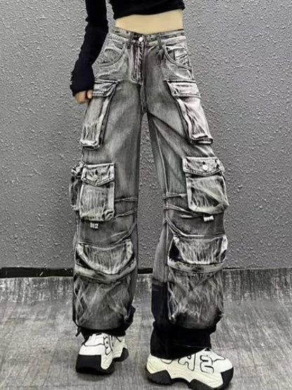 Vintage Fashion Women's Gradient Multi Pockets Jeans 2024 Winter New High Waist Buttons Cargo Denim Pants Female