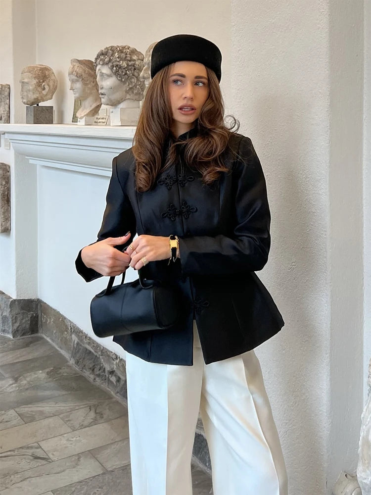 Chic Satin Women Short Buttoned Coat Elegant Round Neck Single Breasted Cinched-waist Crop Jacket 2026 Lady Commute Street Coats