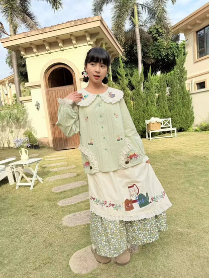 Japanese Mori Girl Spring Sweet Patchwork Lace Elastic Waist A- Line Skirt Vintage Embroidery Cotton Skirt Jupe Femme Faldas