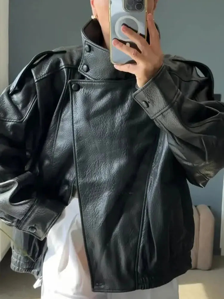 HH Street Fashion Asymmetric Leather Jacket For Women Long Sleeves Zipper With Pockets Turtleneck Autumn Retro Loose Coats
