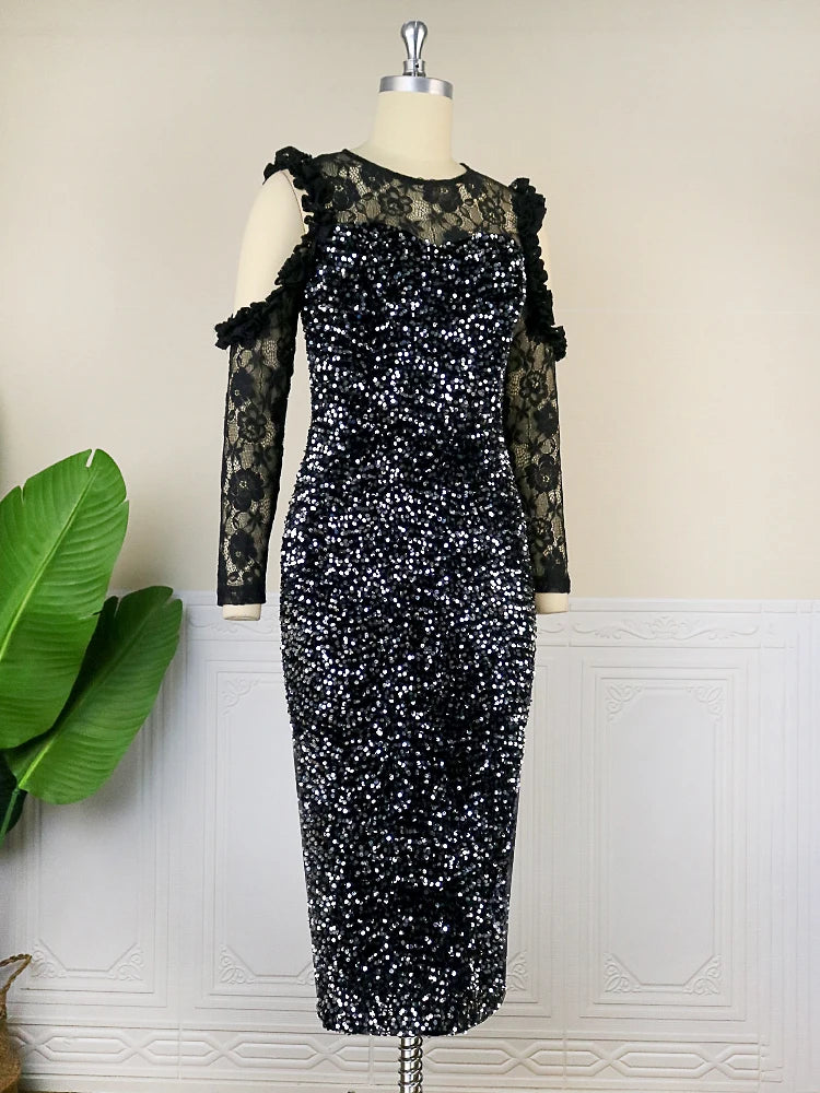 AOMEI Black Velvet Dress Women Sequin Glitter Vintage Cold Shoulder Lace Long Sleeve Shiny Prom Luxury Bling Evening Party Gowns