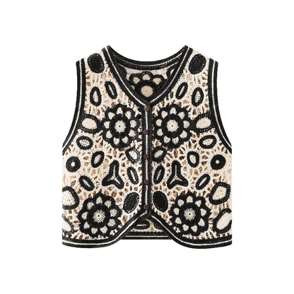 Floral Crochet Vest for Women Sheer Open-knit Flower Button Front Sleeveless Jacket Tank Top Summer Vacation Outfit
