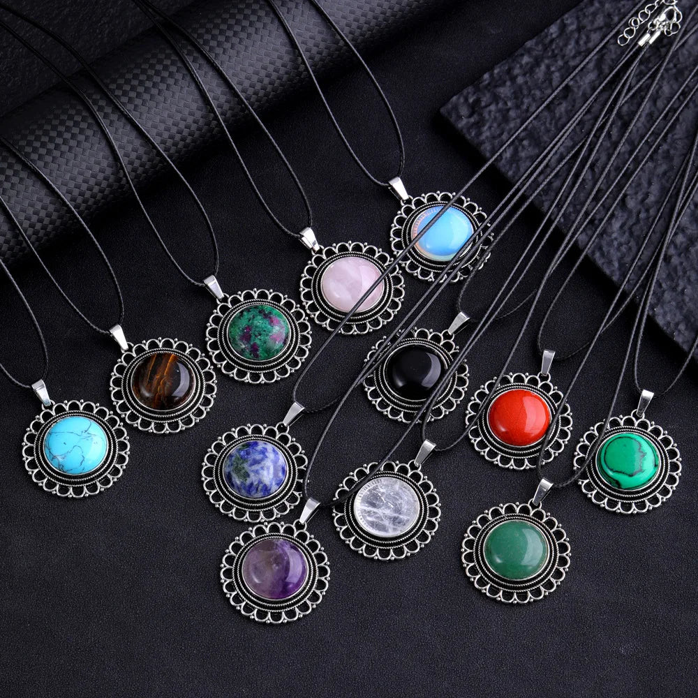 Lace Agate Necklace Vintage Style Round Pendant Necklace Handmade Necklace Gemstone Necklace Crystal Stone Necklace for Women
