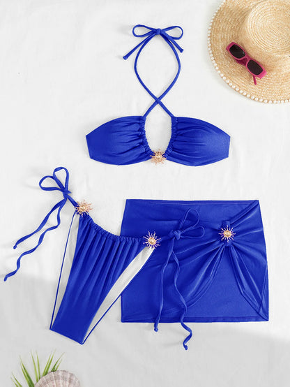 Sexy Metal Sun Ornament Bikini Women Purple Pleate Cross Push Up Mesh Skirt 3 Piece Swimsuit 2025 Beach Bathing Suit Swimwear