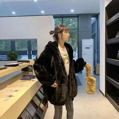 Winter High Street Harajuku Love Printed Rabbit Fur Padded Jacket Men and Women Hong Kong Style Student Hooded Cotton Jacket