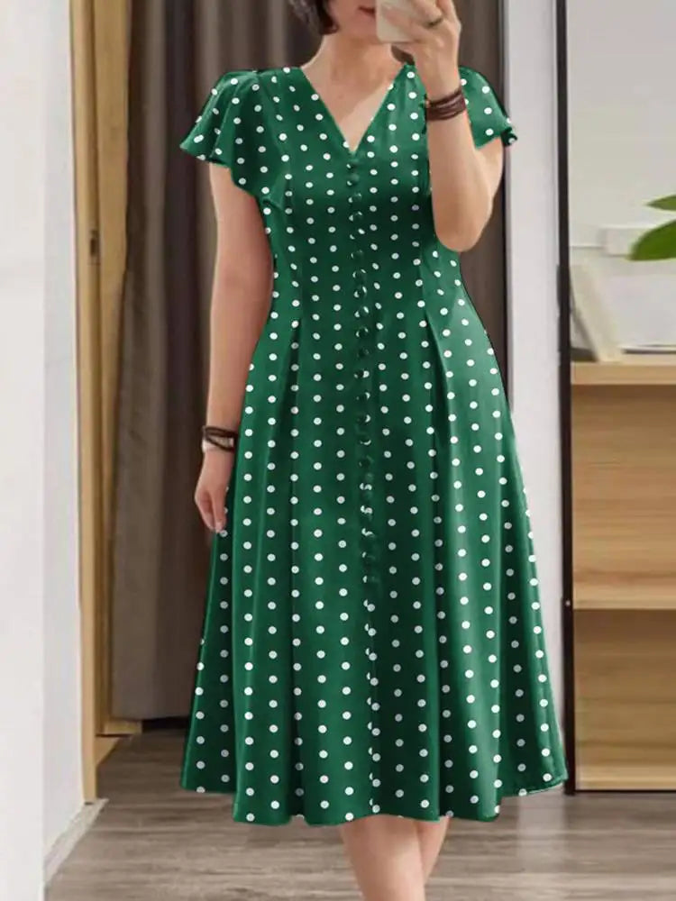 ZANZEA Elegant Women Midi Dresses 2024 Fashion Ruffle Sleeve Polka Dots A-line Vestidos Casual V Neck Commute Party Robes Femme