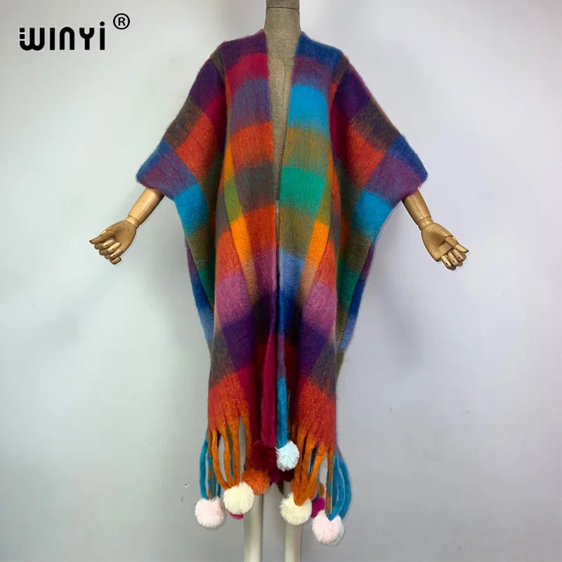 WINYI Winter Plaid color cloak High Quality poncho Long Loose OverCoat Thick Warm Female coat for women Hanging ball cardigan
