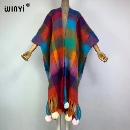 WINYI Winter Plaid color cloak High Quality poncho Long Loose OverCoat Thick Warm Female coat for women Hanging ball cardigan