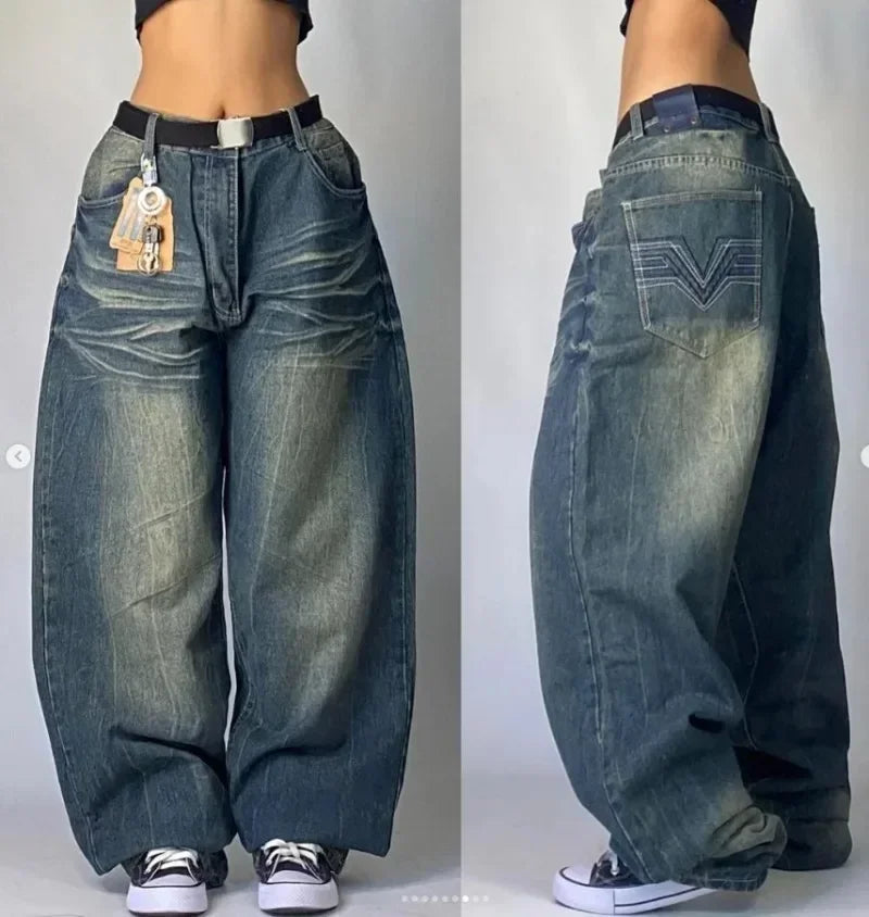 Y2K Baggy Jeans Women Cartoon Characters Embroidered Light Blue Washed Denim Jeans Harajuku Goth Skateboard Pants Street Clothes