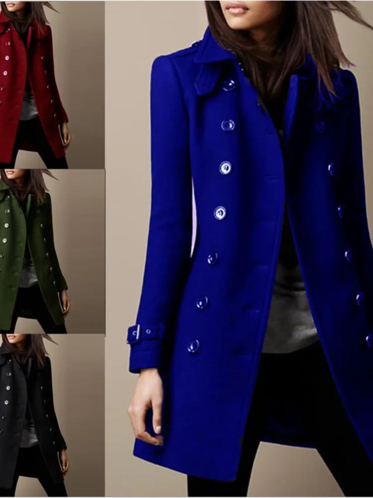 Winter Ladies Woolen Jackets Double Breasted Flap Lapel Lined Top Coat Solid Slim Elegant Womens Outerwear 2024