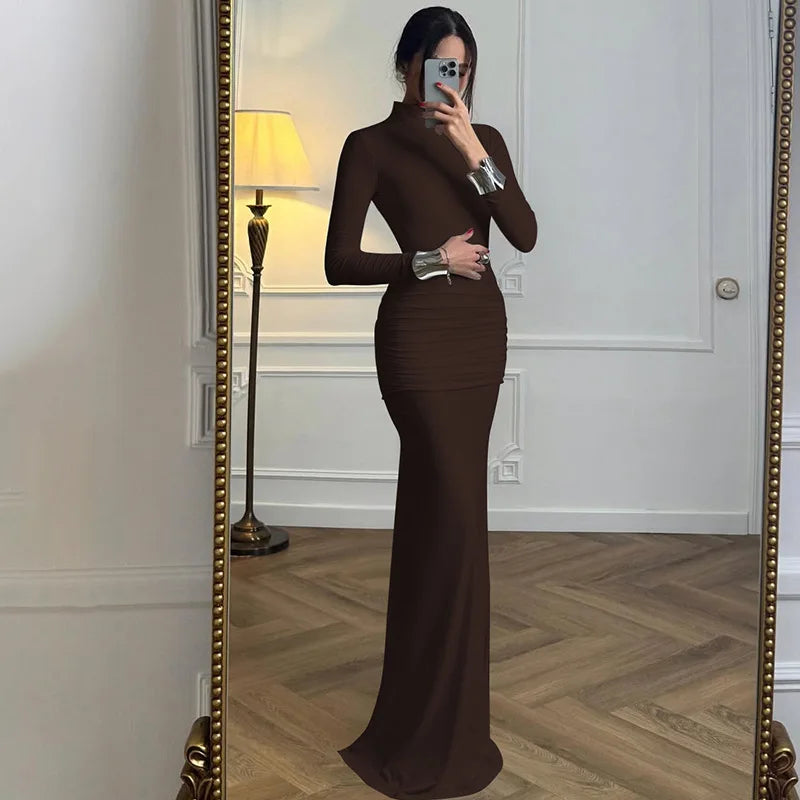 Cryptographic Elegant Sexy Backless Ruched Maxi Dress Party Club Outfits Fall Winter Solid Slinky Long Dresses Gown Clothes