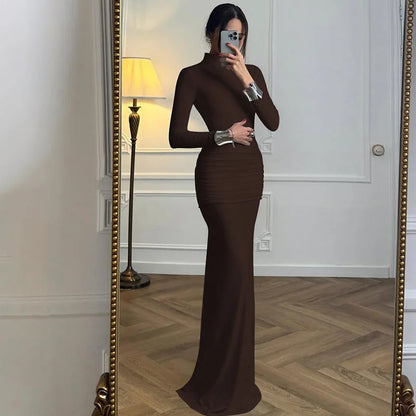Cryptographic Elegant Sexy Backless Ruched Maxi Dress Party Club Outfits Fall Winter Solid Slinky Long Dresses Gown Clothes