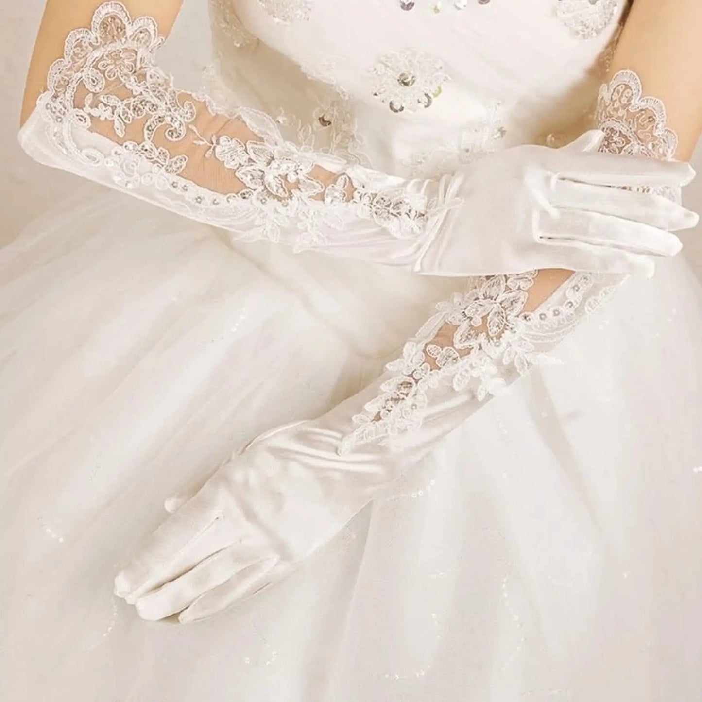 Elegant Satin Lace Gloves Long Bridal Gloves for Bride Flower Girls Women Wedding Prom Party