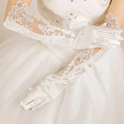Elegant Satin Lace Gloves Long Bridal Gloves for Bride Flower Girls Women Wedding Prom Party