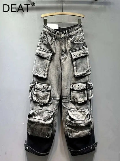 DEAT Women's Jeans Gradient Grey Loose Multiple Pockets Straight Wide Leg Denim Cargo Pants 2026 Summer New Fashion 29L3268