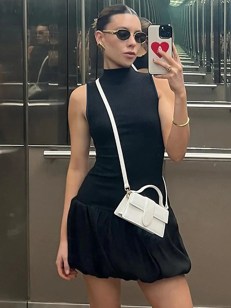 Summer Elegant Knitting Sleeveless Backless Short Bubble Ball Women'S Dresses Elegant Evening Casual Clothing Y2K Streetwear