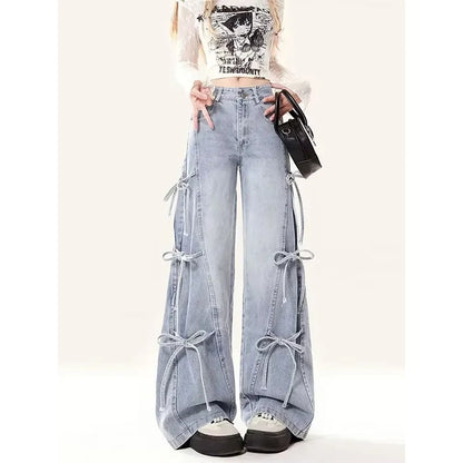 MEXZT Y2K 2000S Jeans Women Vintage Streetwear Bow Bandage Wide Leg Denim Pants Harajuku Korean Baggy Casual Straight Trousers
