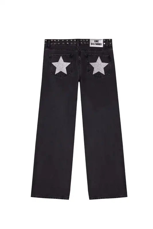 American ONE DILEMMA Jeans Y2K Womens Gothic Five Pointed Star Sequined Rivet Baggy Jeans Fashion Casual Mid Rise Slim Trousers